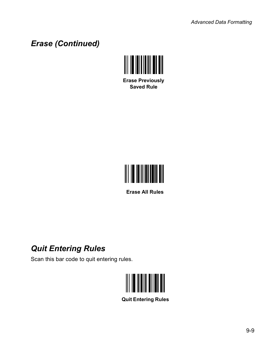 Quit entering rules, Quit entering rules -9, Bar code | Erase previously saved rule, Erase (continued) quit entering rules | Wasp Bar Code WPS100 User Manual | Page 227 / 466