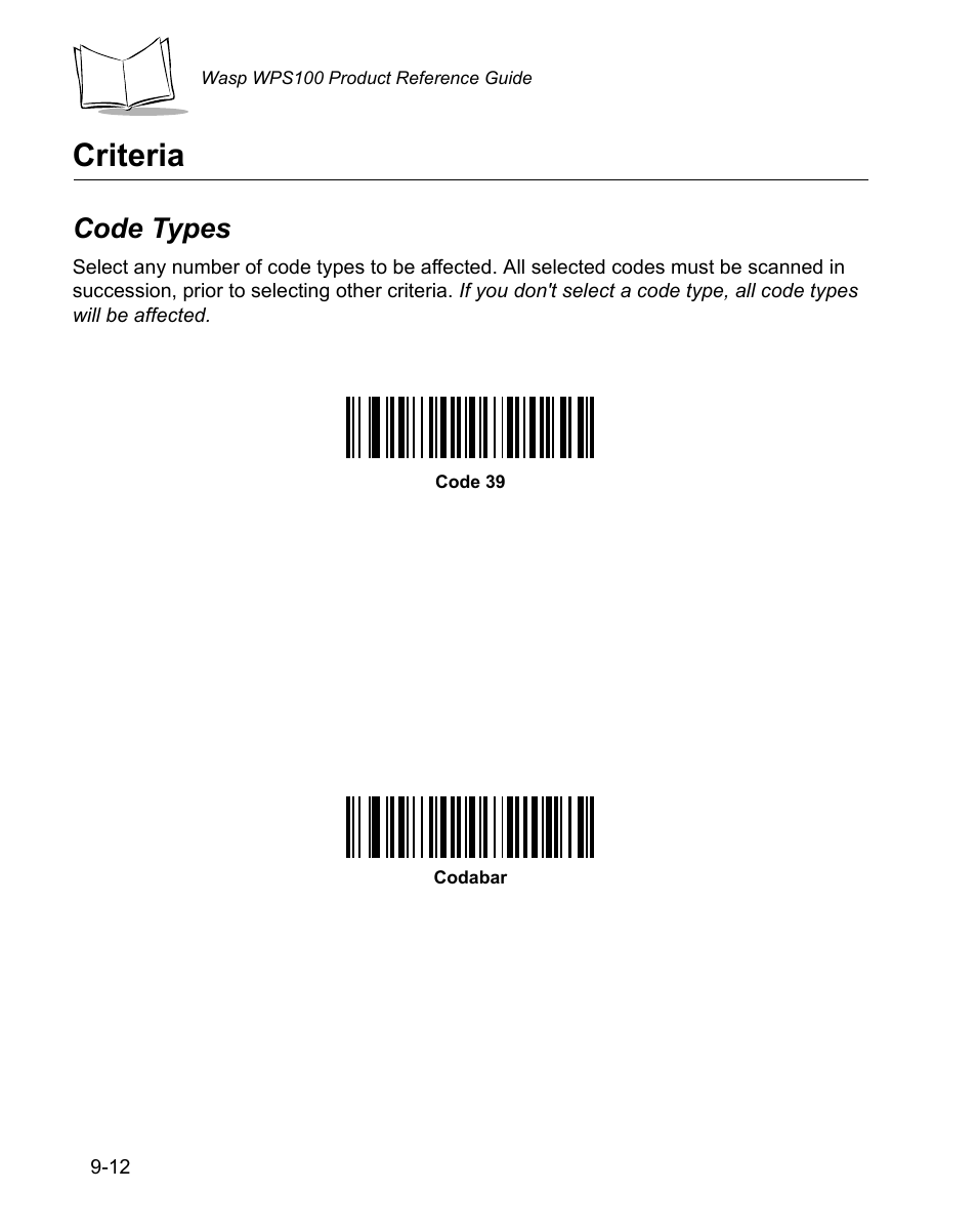 Criteria, Code types, Criteria -12 | Code types -12 | Wasp Bar Code WPS100 User Manual | Page 230 / 466