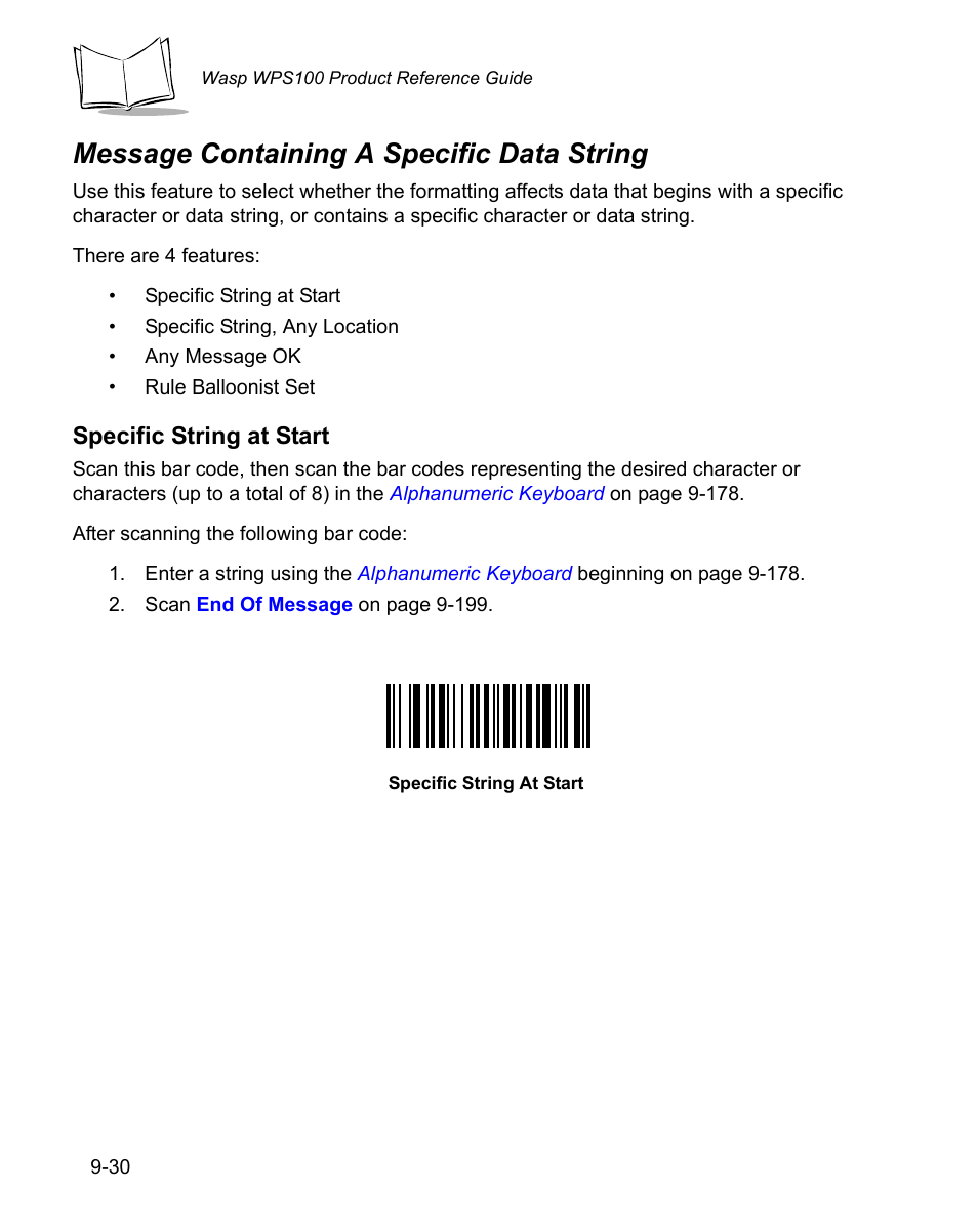 Message containing a specific data string, Message containing a specific data string -30, Specific string at start | Wasp Bar Code WPS100 User Manual | Page 248 / 466