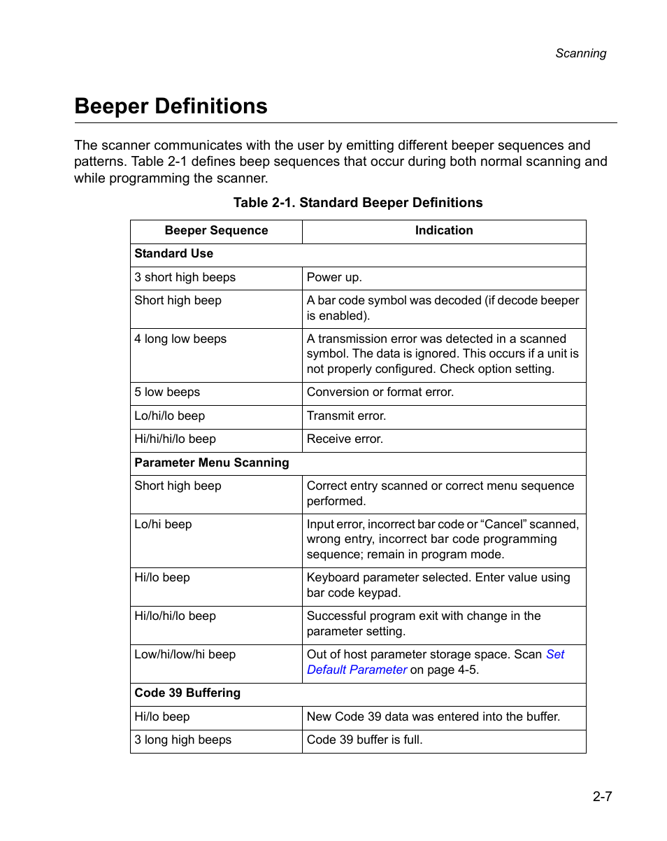 Beeper definitions, Beeper definitions -7, Table 2-1 | Wasp Bar Code WPS100 User Manual | Page 27 / 466