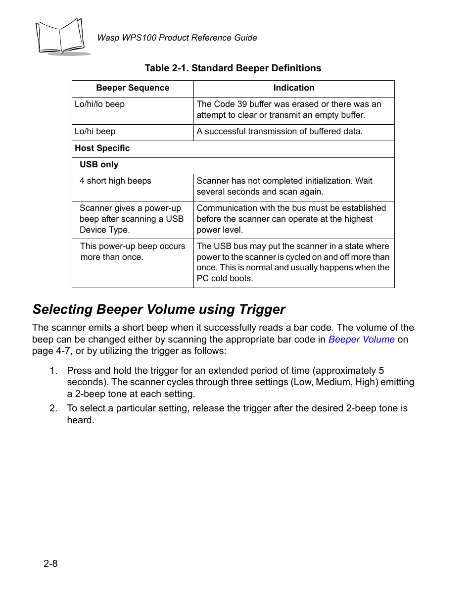 Selecting beeper volume using trigger, Selecting beeper volume using trigger -8 | Wasp Bar Code WPS100 User Manual | Page 28 / 466