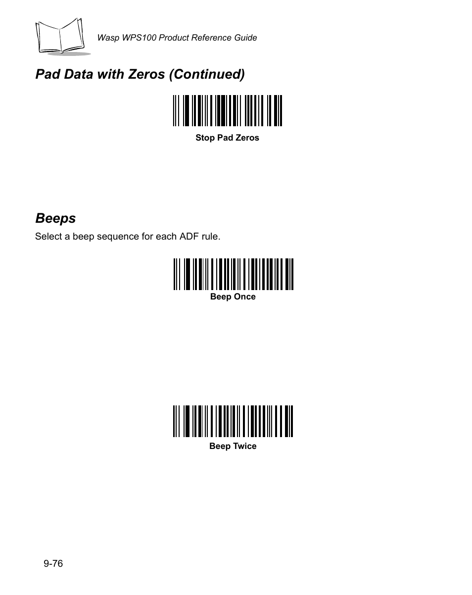 Beeps, Beeps -76, Pad data with zeros (continued) beeps | Wasp Bar Code WPS100 User Manual | Page 294 / 466