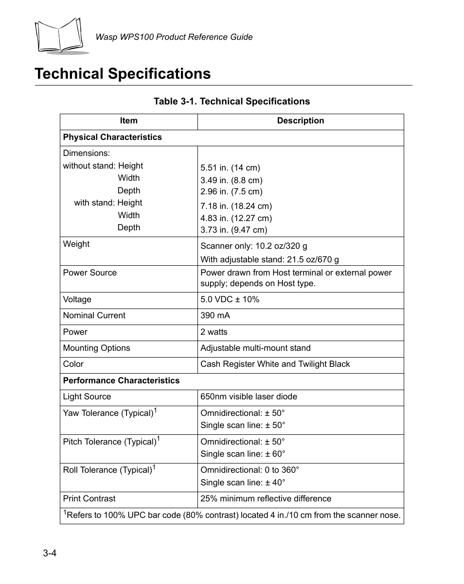 Technical specifications, Technical specifications -4 | Wasp Bar Code WPS100 User Manual | Page 36 / 466