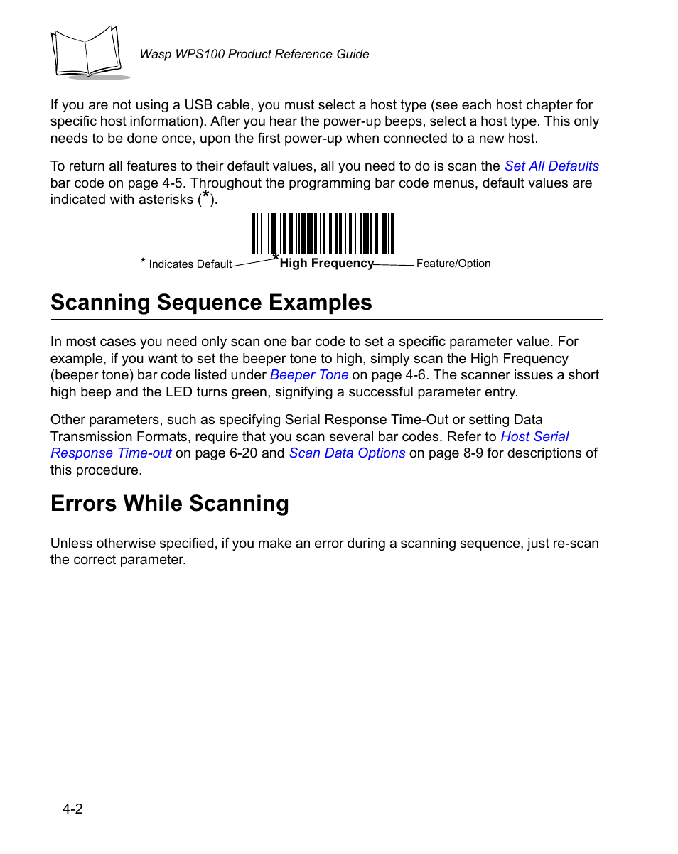 Scanning sequence examples, Errors while scanning | Wasp Bar Code WPS100 User Manual | Page 42 / 466