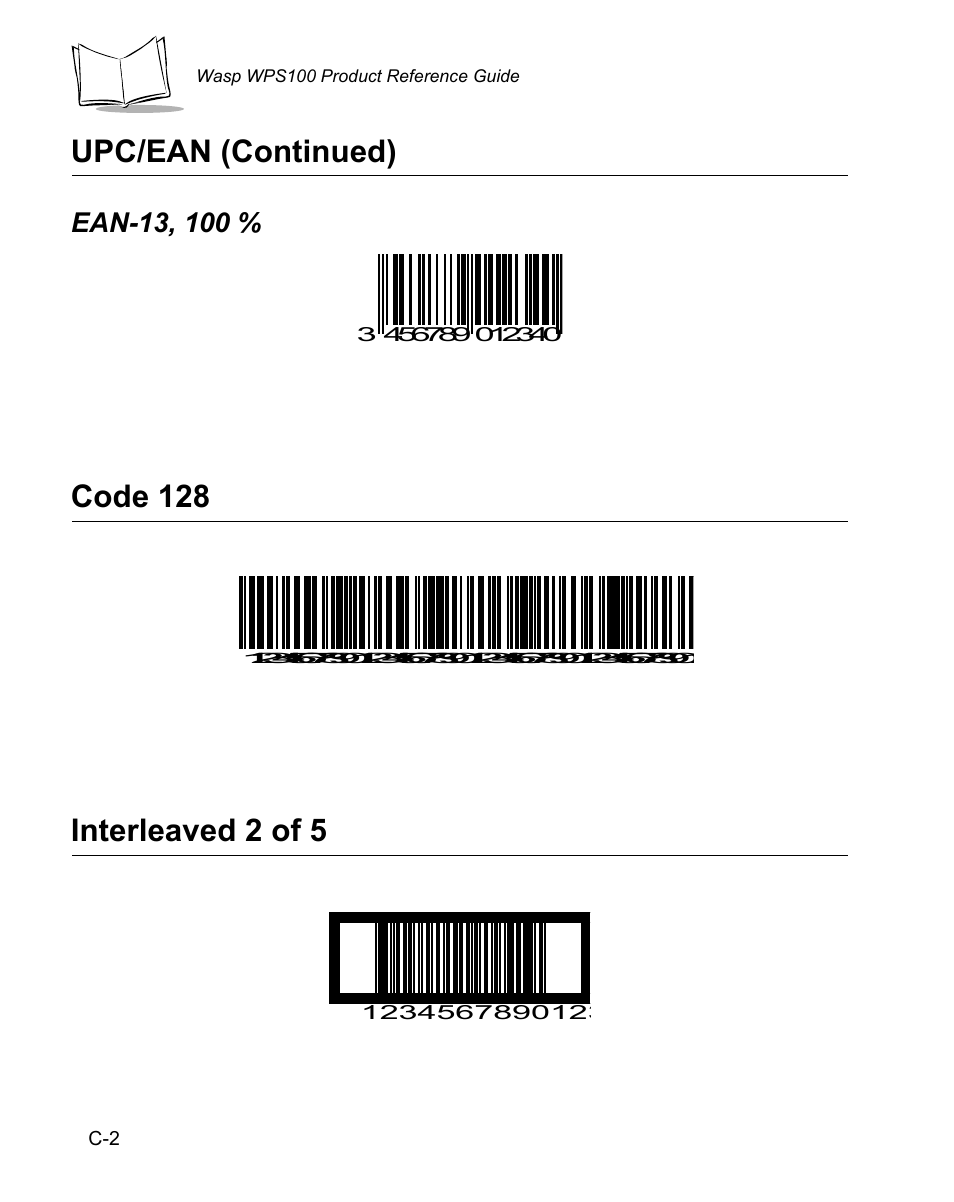 Ean-13, 100, Code 128, Interleaved 2 of 5 | Upc/ean (continued) | Wasp Bar Code WPS100 User Manual | Page 446 / 466