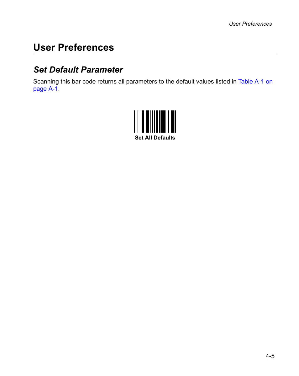 User preferences, Set default parameter, User preferences -5 | Set default parameter -5, Set all defaults | Wasp Bar Code WPS100 User Manual | Page 45 / 466