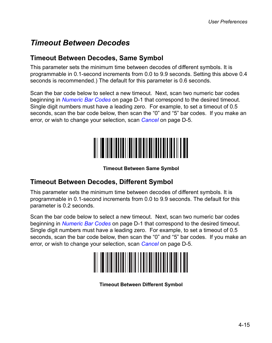 Timeout between decodes, Timeout between decodes -15, Timeout between decodes, same symbol | Timeout between decodes, different symbol | Wasp Bar Code WPS100 User Manual | Page 55 / 466