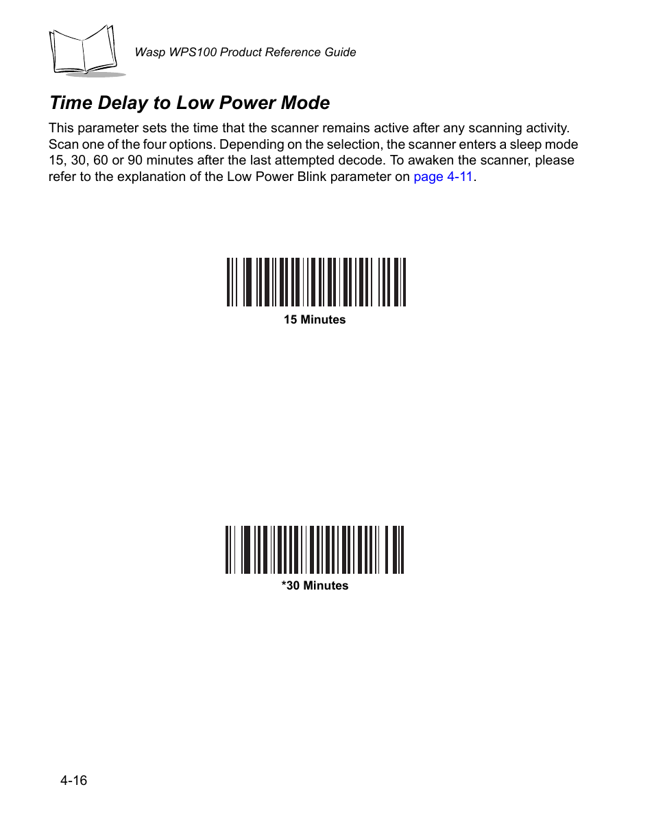 Time delay to low power mode, Time delay to low power mode -16 | Wasp Bar Code WPS100 User Manual | Page 56 / 466