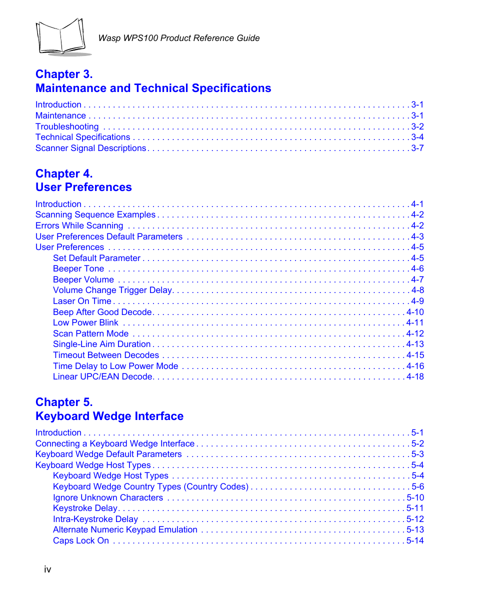 Chapter 4. user preferences, Chapter 5. keyboard wedge interface | Wasp Bar Code WPS100 User Manual | Page 6 / 466