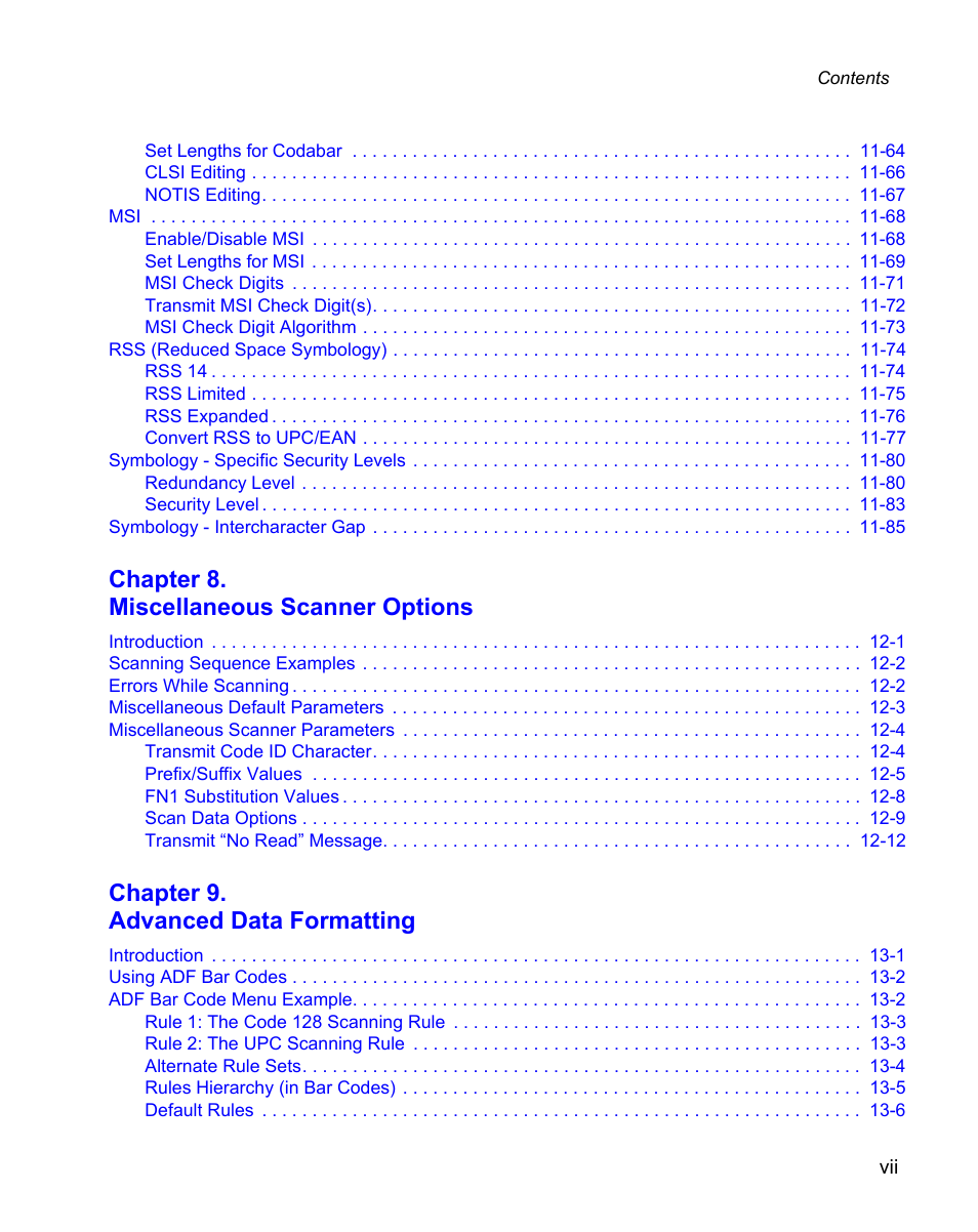 Chapter 8. miscellaneous scanner options, Chapter 9. advanced data formatting | Wasp Bar Code WPS100 User Manual | Page 9 / 466