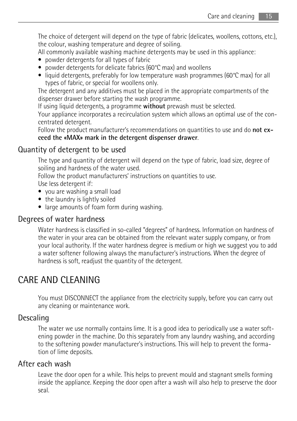 Care and cleaning, Quantity of detergent to be used, Degrees of water hardness | Descaling, After each wash | Lava Soap 52840 User Manual | Page 15 / 32