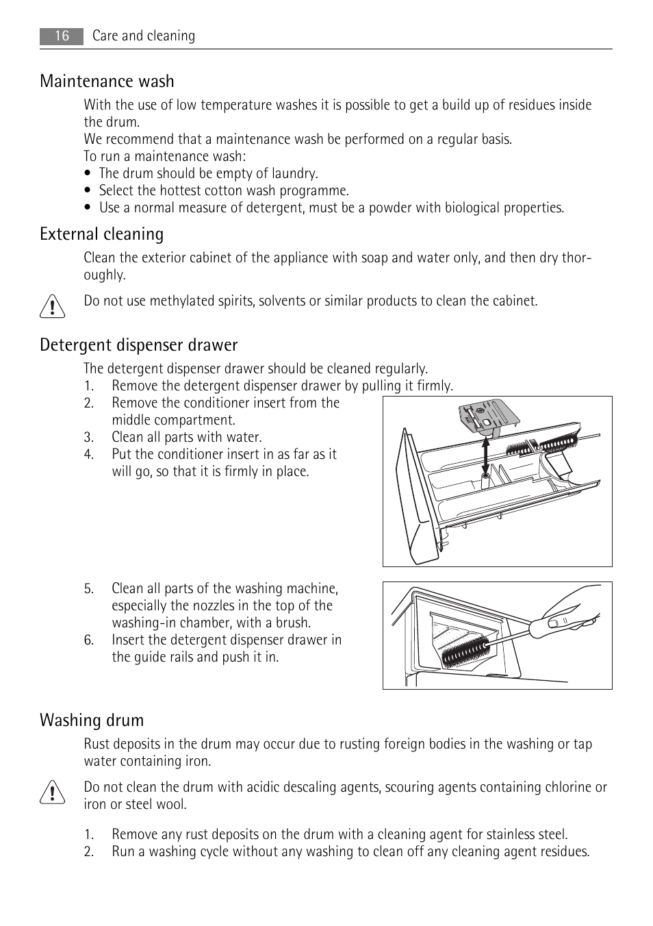 Maintenance wash, External cleaning, Detergent dispenser drawer | Washing drum | Lava Soap 52840 User Manual | Page 16 / 32