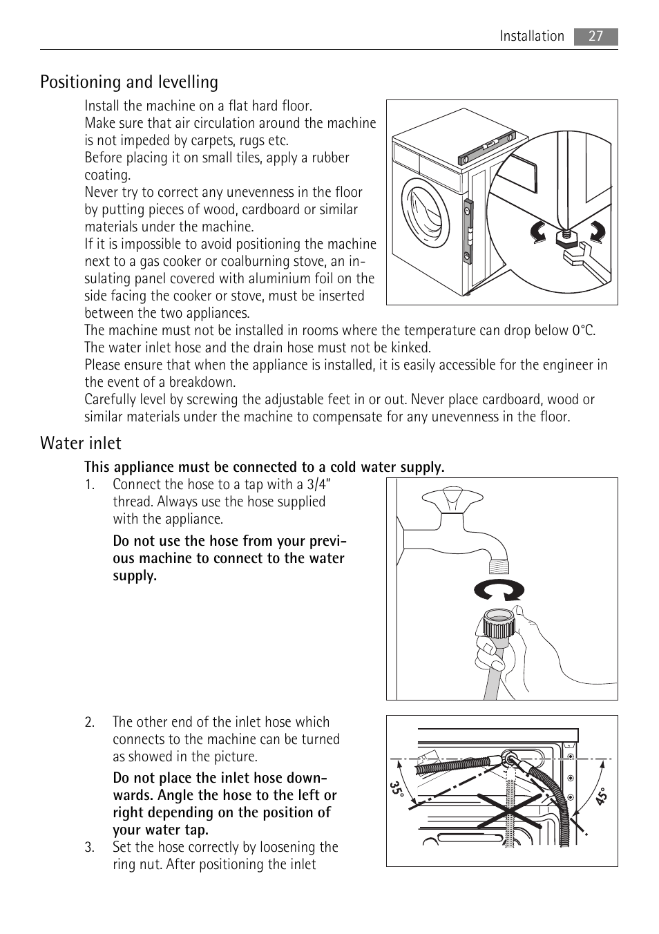 Positioning and levelling, Water inlet | Lava Soap 52840 User Manual | Page 27 / 32