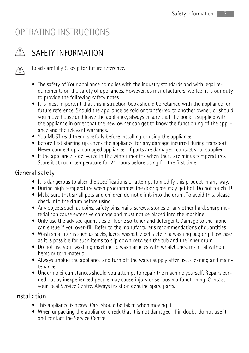 Operating instructions, Safety information, General safety | Installation | Lava Soap 52840 User Manual | Page 3 / 32