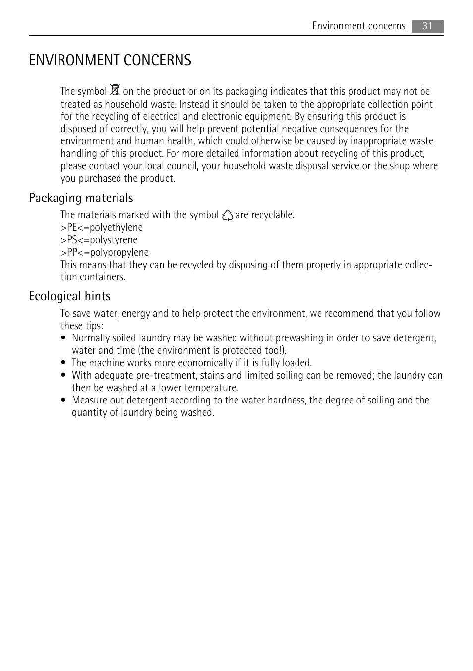 Environment concerns, Packaging materials, Ecological hints | Lava Soap 52840 User Manual | Page 31 / 32