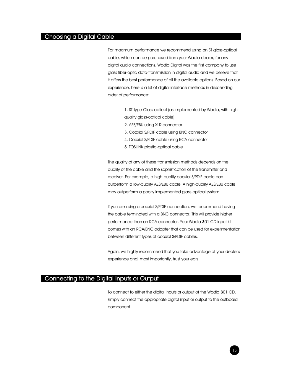 Choosing a digital cable, Connecting to the digital inputs or output | Wadia Digital Wadia 3301 User Manual | Page 15 / 24