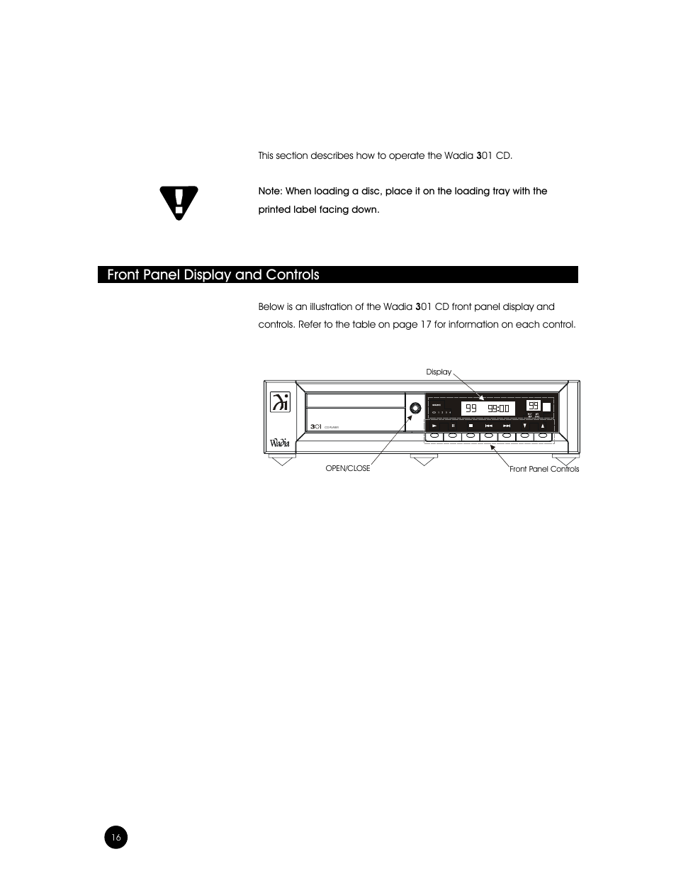 Operation, Front panel display and controls | Wadia Digital Wadia 3301 User Manual | Page 16 / 24