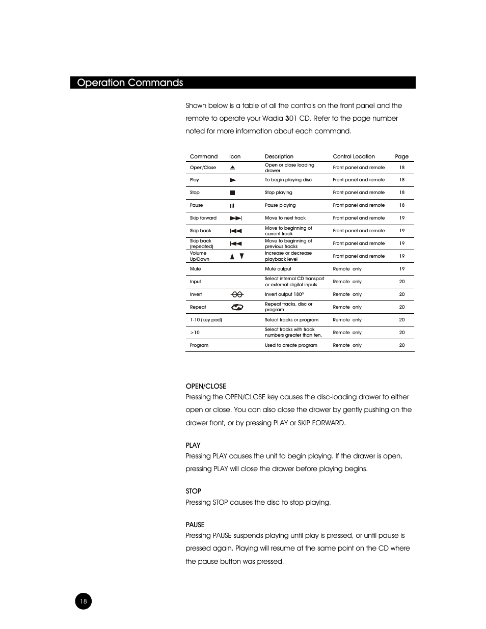 Operation commands | Wadia Digital Wadia 3301 User Manual | Page 18 / 24