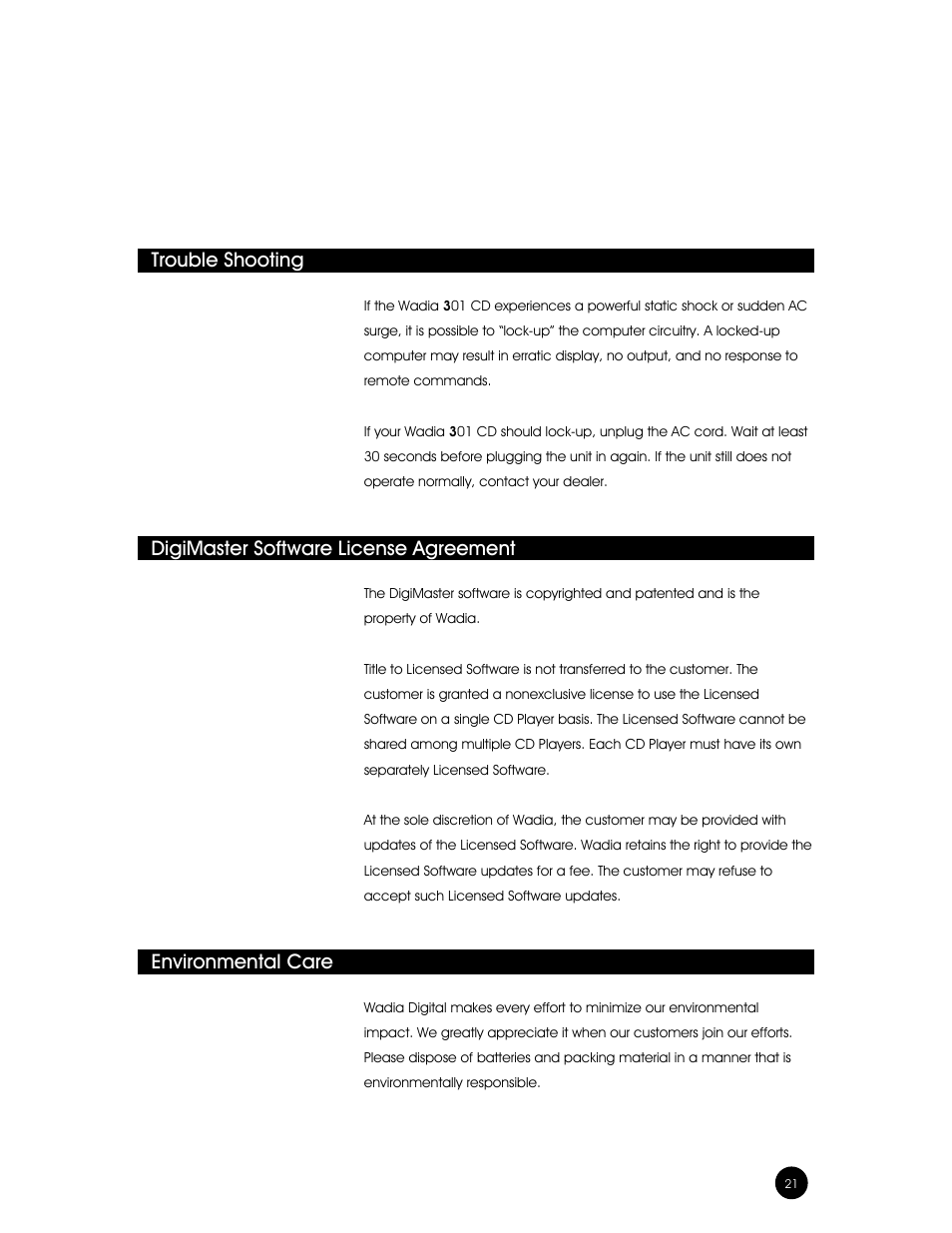 Appendices, Trouble shooting, Digimaster software license agreement | Environmental care | Wadia Digital Wadia 3301 User Manual | Page 21 / 24