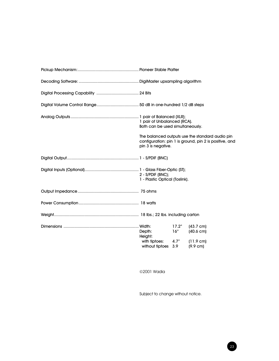 Specifications | Wadia Digital Wadia 3301 User Manual | Page 23 / 24