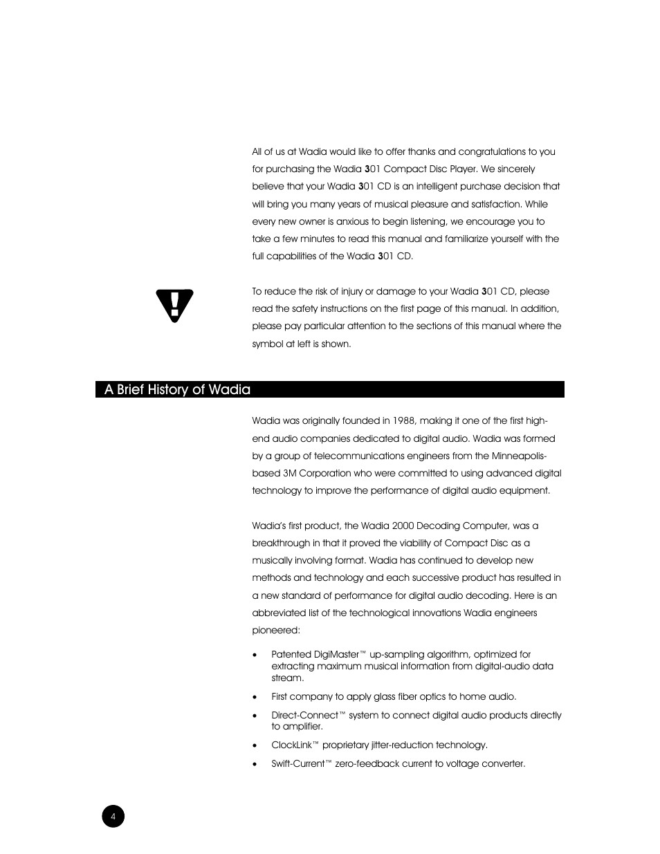 Introduction, A brief history of wadia | Wadia Digital Wadia 3301 User Manual | Page 4 / 24