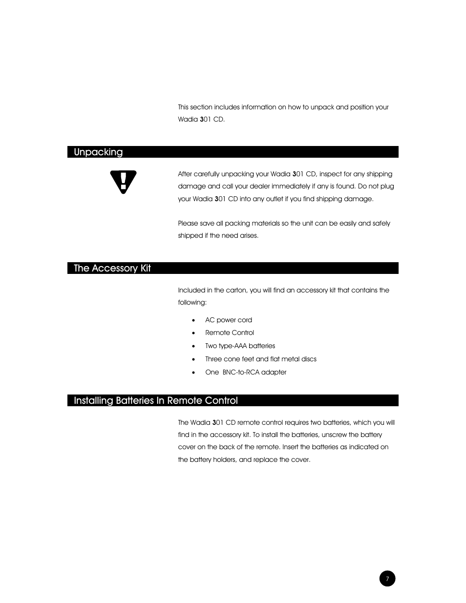 Installation, Unpacking, The accessory kit | Installing batteries in remote control | Wadia Digital Wadia 3301 User Manual | Page 7 / 24