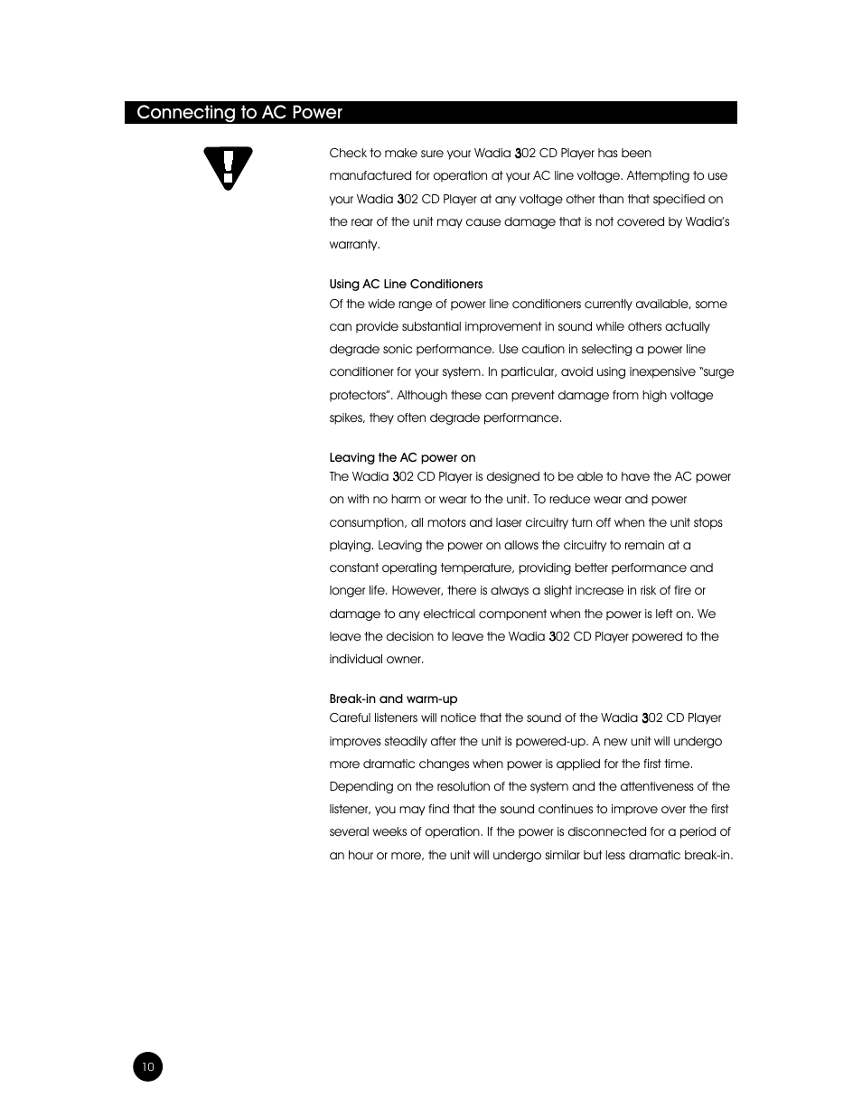 Connecting to ac power | Wadia Digital 302 User Manual | Page 10 / 24