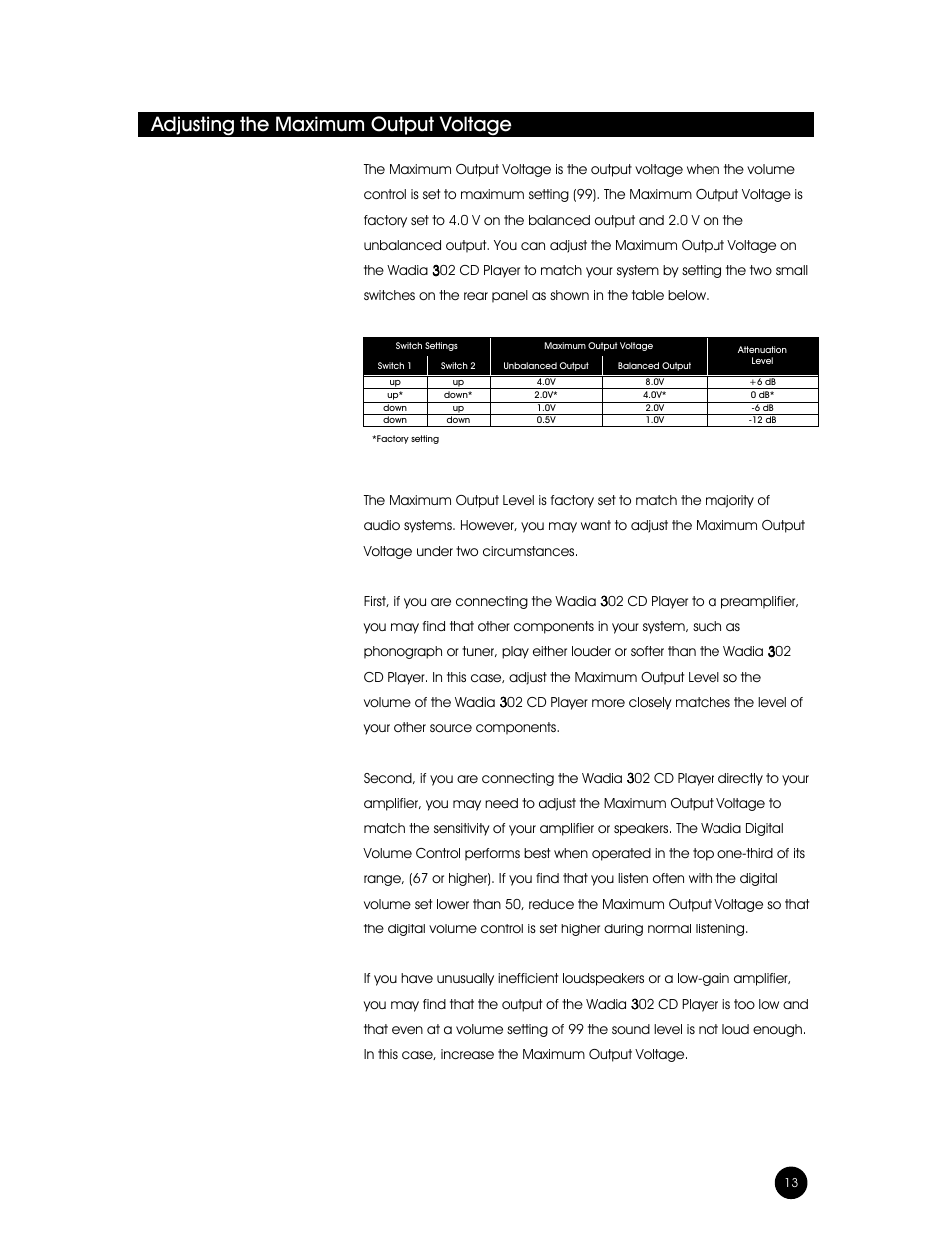 Adjusting the maximum output voltage | Wadia Digital 302 User Manual | Page 13 / 24