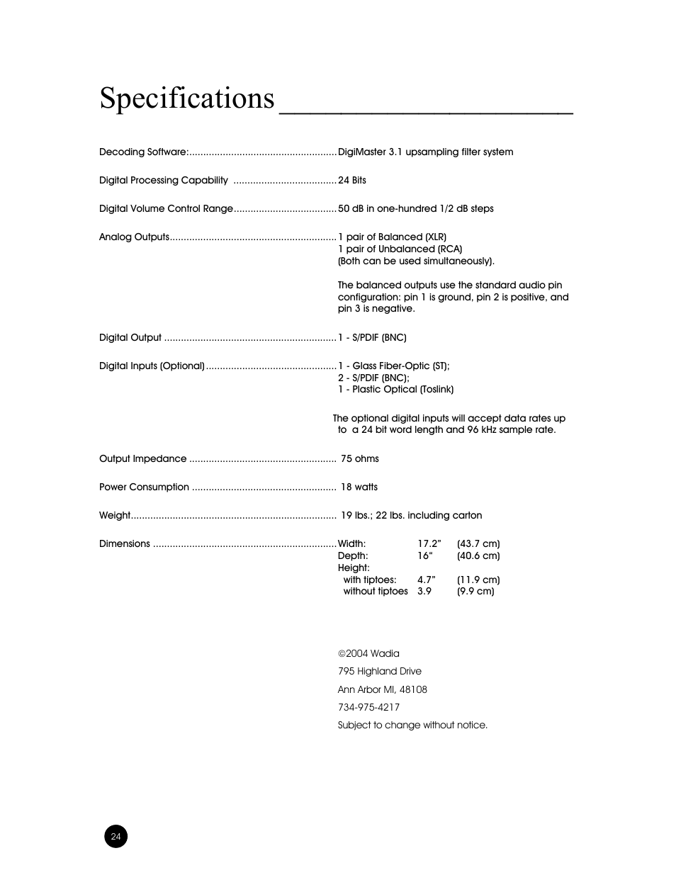 Specifications | Wadia Digital 302 User Manual | Page 24 / 24