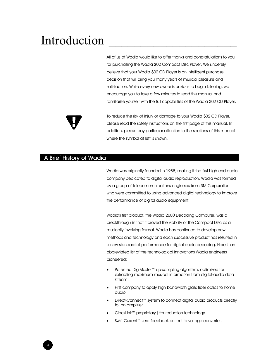 Introduction, A brief history of wadia | Wadia Digital 302 User Manual | Page 4 / 24