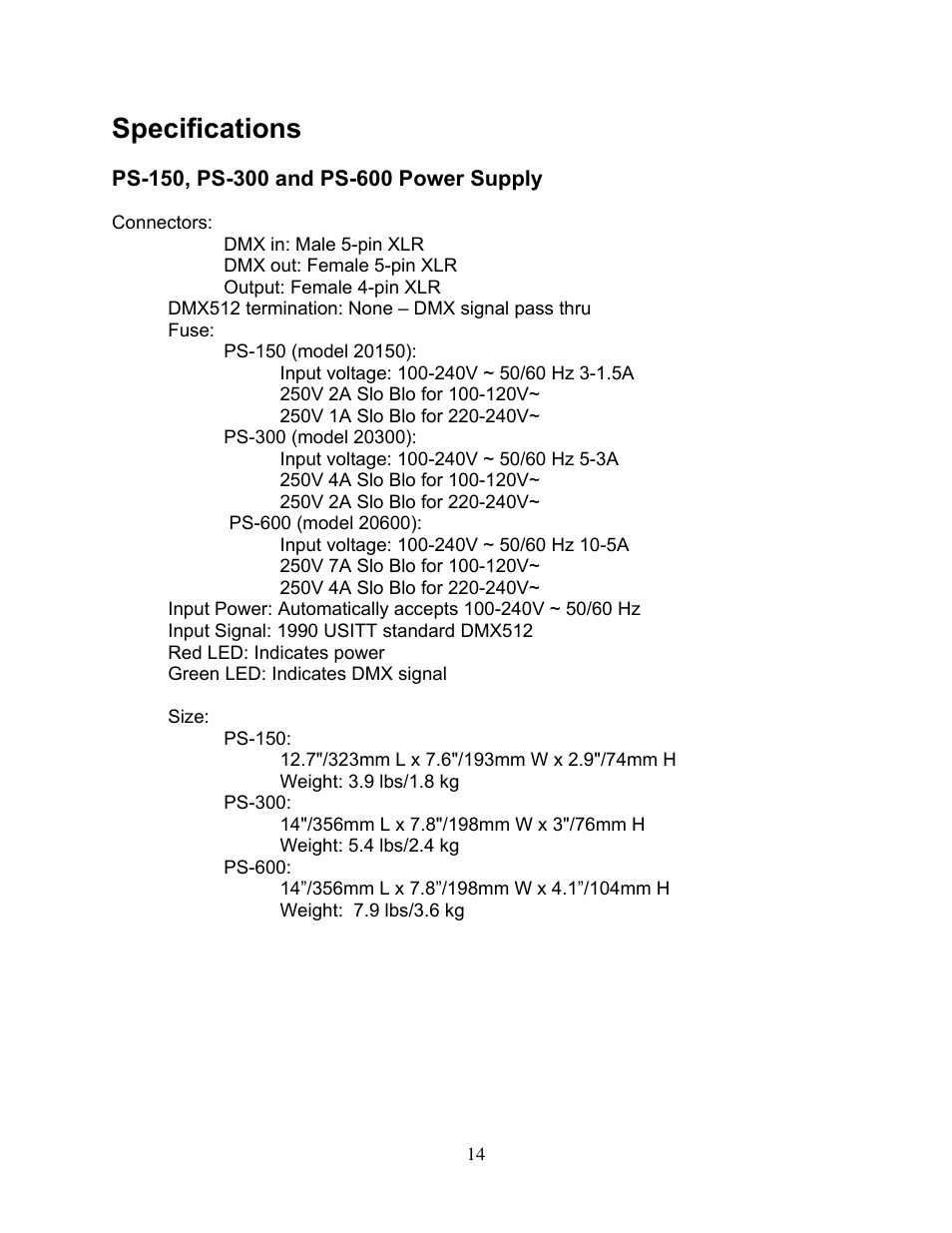 Specifications | Wybron PS-150 User Manual | Page 14 / 16