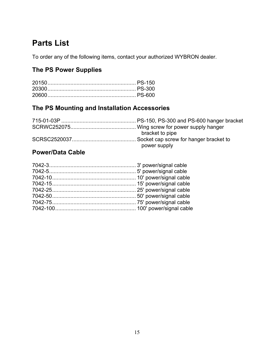 Parts list | Wybron PS-150 User Manual | Page 15 / 16