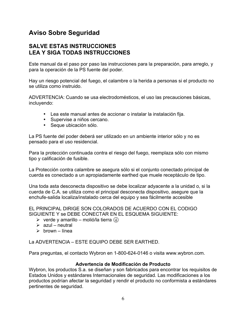 Aviso sobre seguridad | Wybron PS-150 User Manual | Page 6 / 16