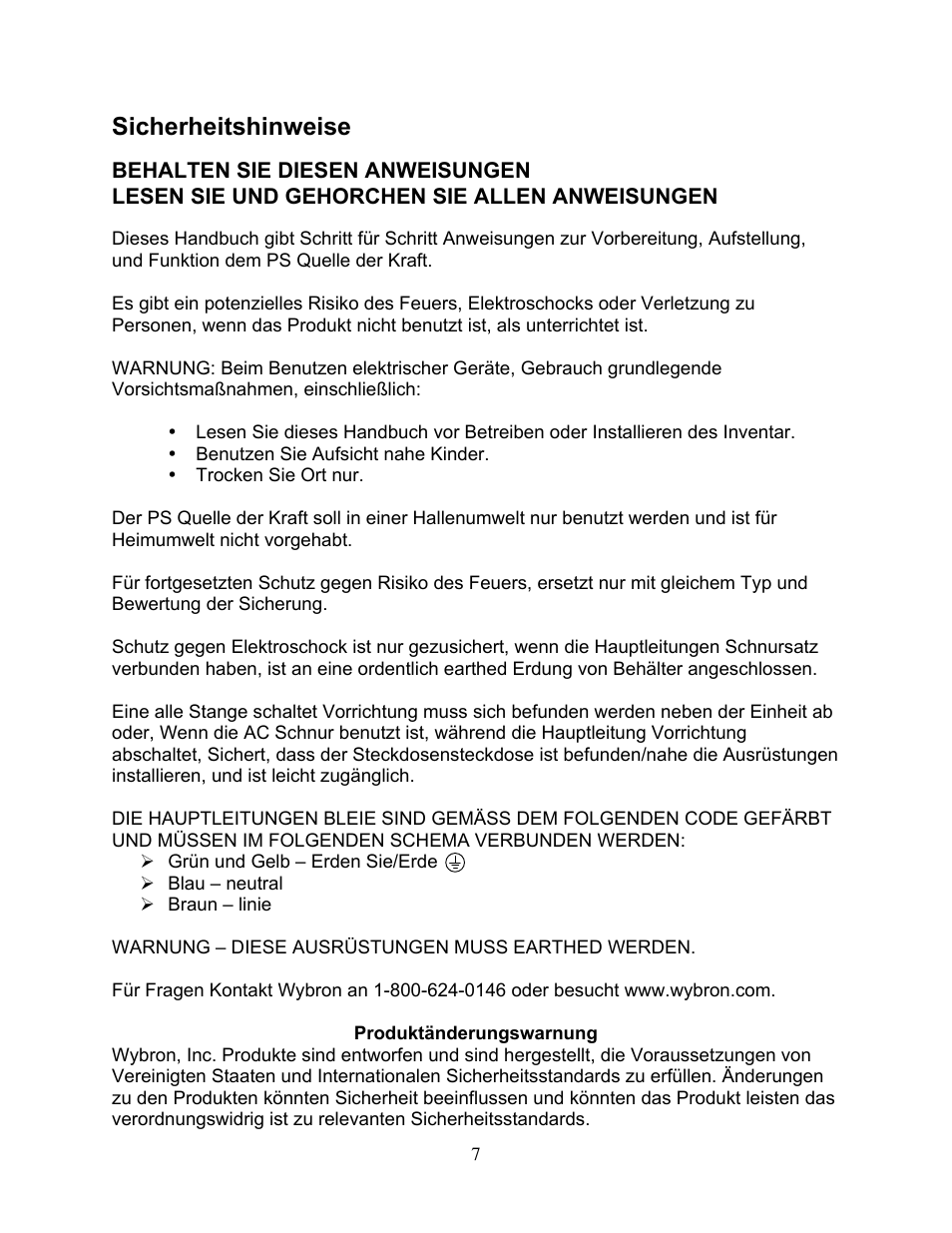 Sicherheitshinweise | Wybron PS-150 User Manual | Page 7 / 16