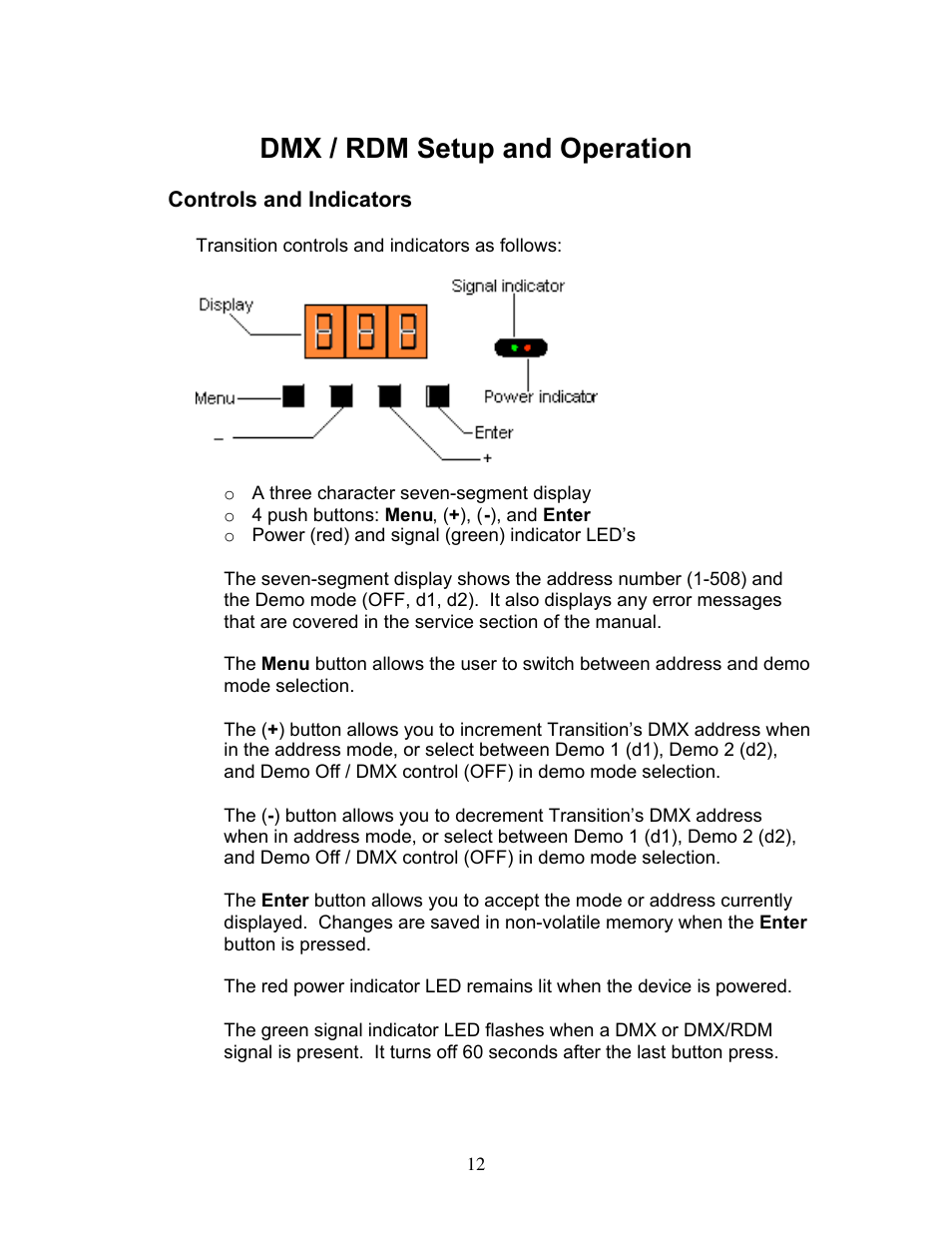 Dmx / rdm setup and operation | Wybron Transition Optic User Manual | Page 12 / 19
