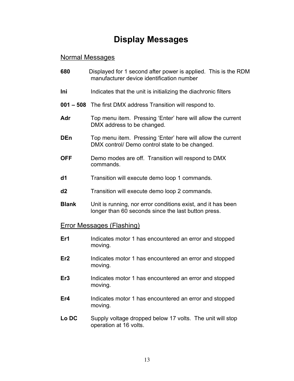 Display messages | Wybron Transition Optic User Manual | Page 13 / 19