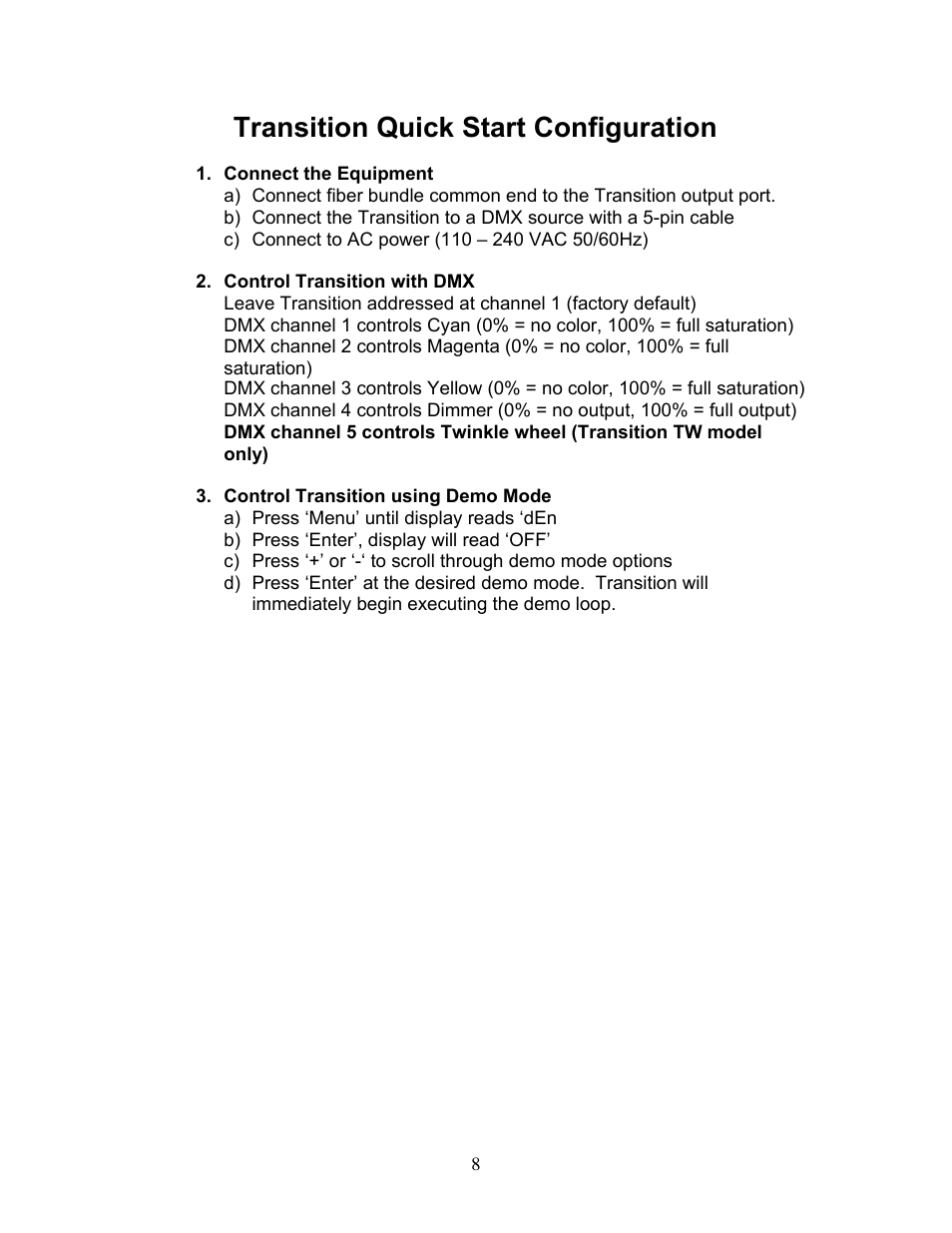 Transition quick start configuration | Wybron Transition Optic User Manual | Page 8 / 19