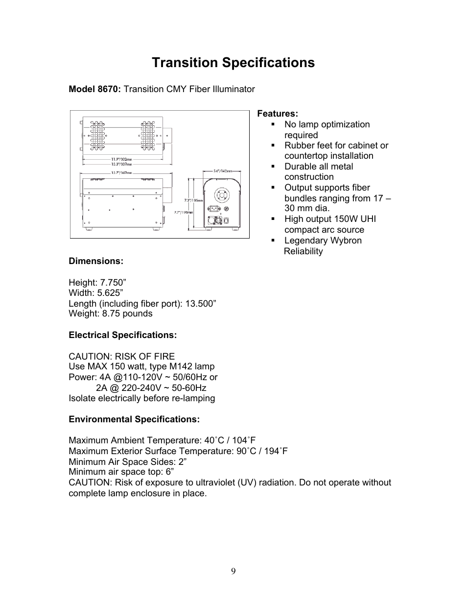 Transition specifications | Wybron Transition Optic User Manual | Page 9 / 19