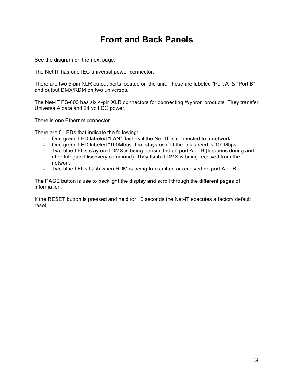 Front and back panels | Wybron NET IT PS600 User Manual | Page 14 / 26