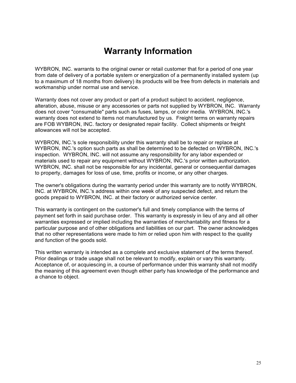 Warranty information | Wybron NET IT PS600 User Manual | Page 25 / 26