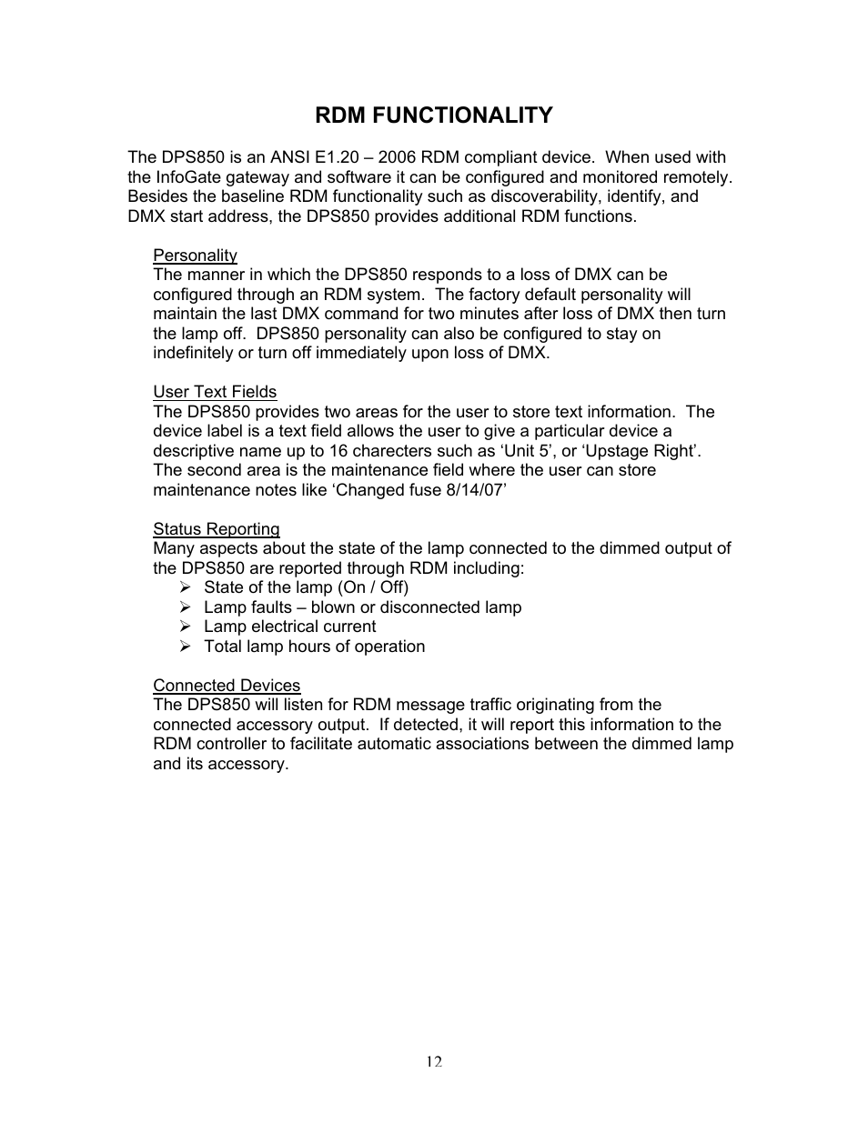 Rdm functionality | Wybron InfoTrace DPS850 User Manual | Page 12 / 15