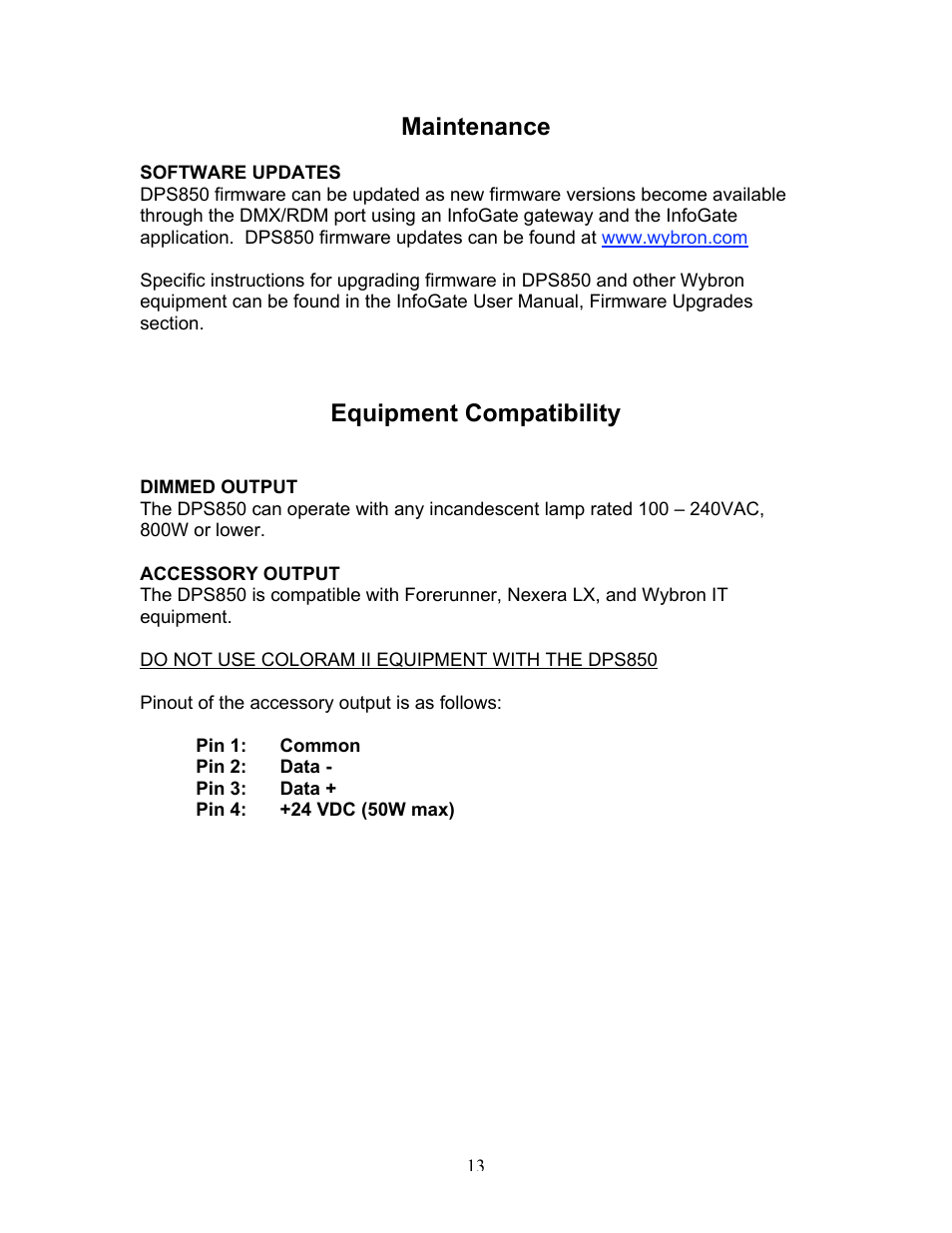 Maintenance, Equipment compatibility | Wybron InfoTrace DPS850 User Manual | Page 13 / 15