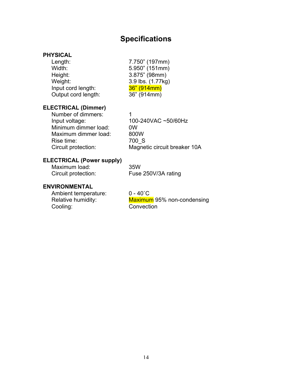 Specifications | Wybron InfoTrace DPS850 User Manual | Page 14 / 15