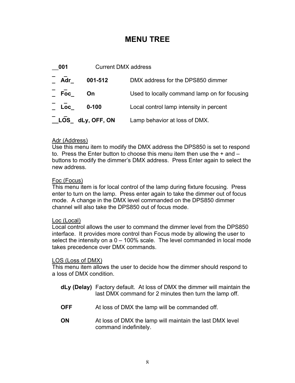 Menu tree | Wybron InfoTrace DPS850 User Manual | Page 8 / 15