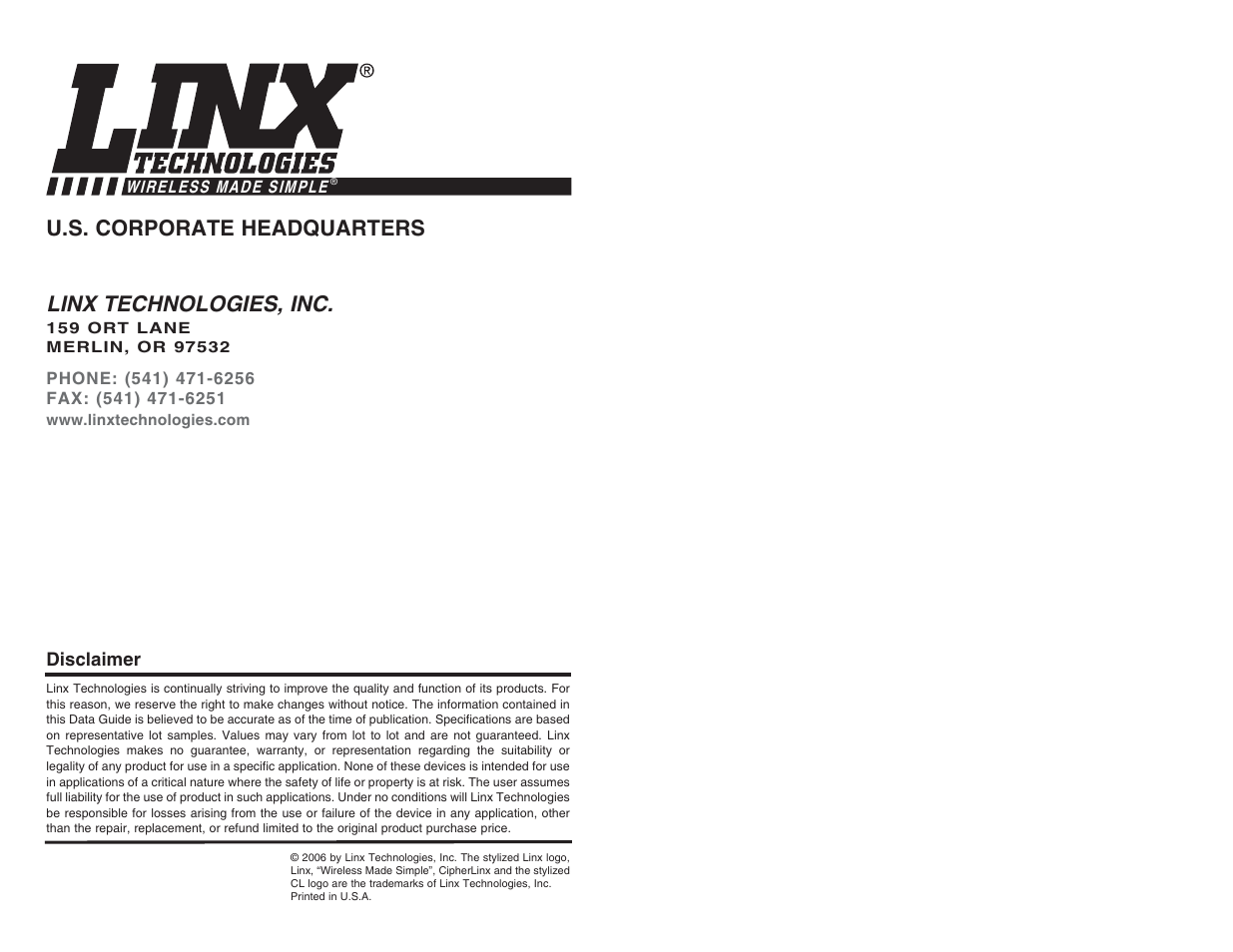 Linx technologies, inc, U.s. corporate headquarters | W-Linx Technology TXE-418-KH User Manual | Page 11 / 11