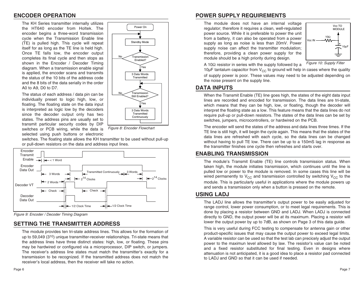 Power supply requirements, Data inputs, Enabling transmission | Using ladj, Encoder operation, Setting the transmitter address | W-Linx Technology TXE-418-KH User Manual | Page 4 / 11