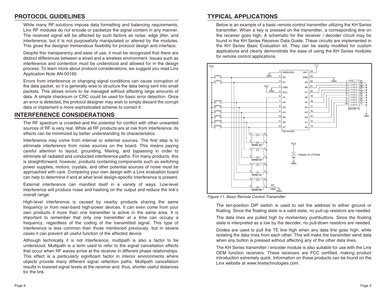 Typical applications, Protocol guidelines, Interference considerations | W-Linx Technology TXE-418-KH User Manual | Page 5 / 11