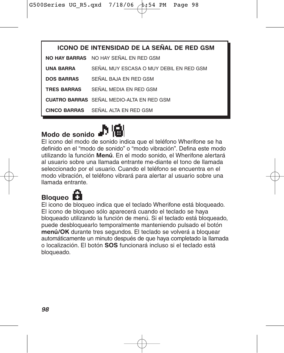 Modo de sonido, Bloqueo | Wherify Wireless Wherifone G500 Series User Manual | Page 116 / 148