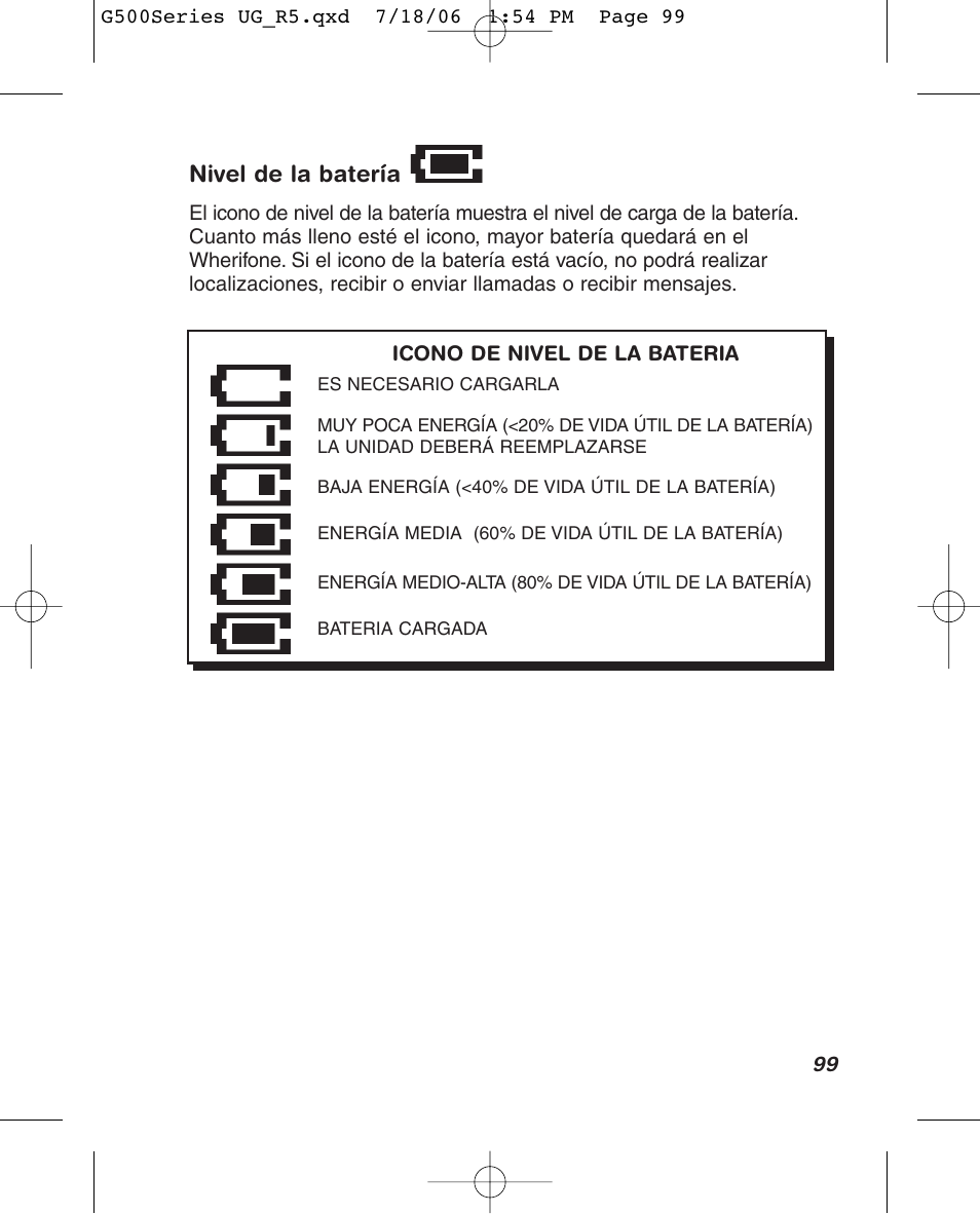 Nivel de la batería | Wherify Wireless Wherifone G500 Series User Manual | Page 117 / 148