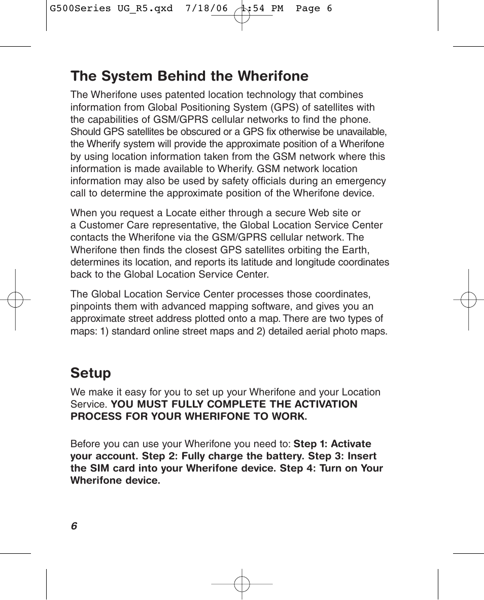 The system behind the wherifone, Setup | Wherify Wireless Wherifone G500 Series User Manual | Page 12 / 148